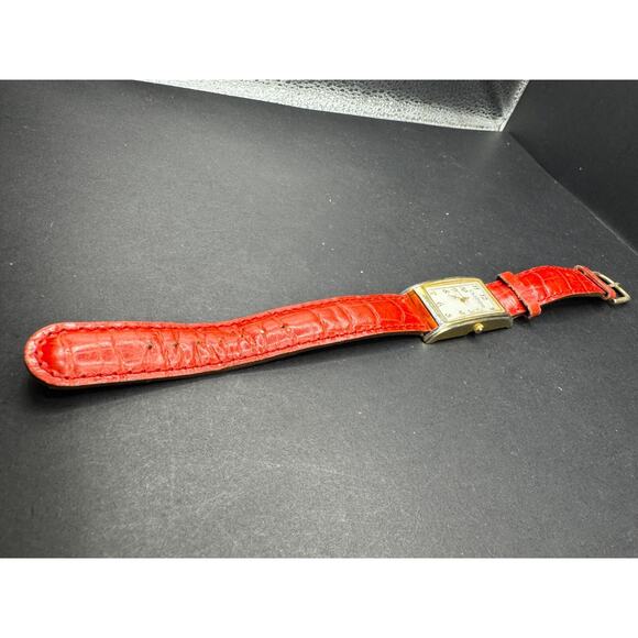 Clarins Paris Rectangular Gold Tone w/ White Dial Watch Red Leather Band Working - Picture 6 of 13